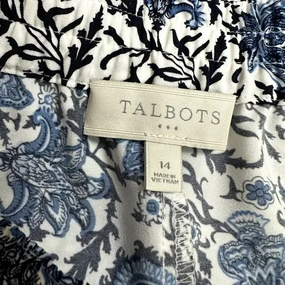Talbots Blue White Paisley Floral Pull On Wide Leg Cropped Ankle Pants 14 - Picture 6 of 8
